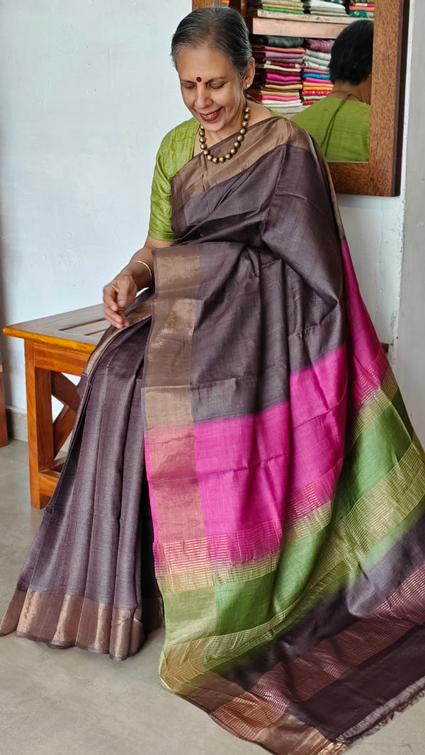 Copper Brown Tussar Silk Saree with Multi Colour Palla - GTS35
