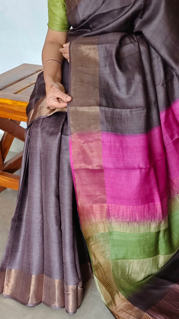 Copper Brown Tussar Silk Saree with Multi Colour Palla - GTS35