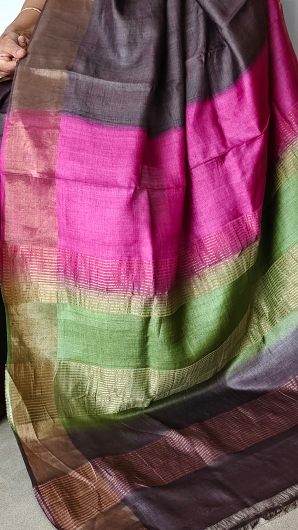Copper Brown Tussar Silk Saree with Multi Colour Palla - GTS35