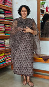Dark Brown and Taupe Bagru and Dabu Printed Kota Doria Suit - GD331A