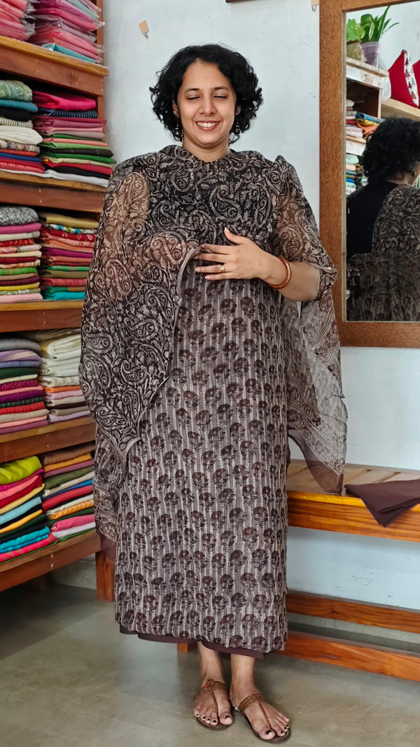 Dark Brown and Taupe Bagru and Dabu Printed Kota Doria Suit - GD331A