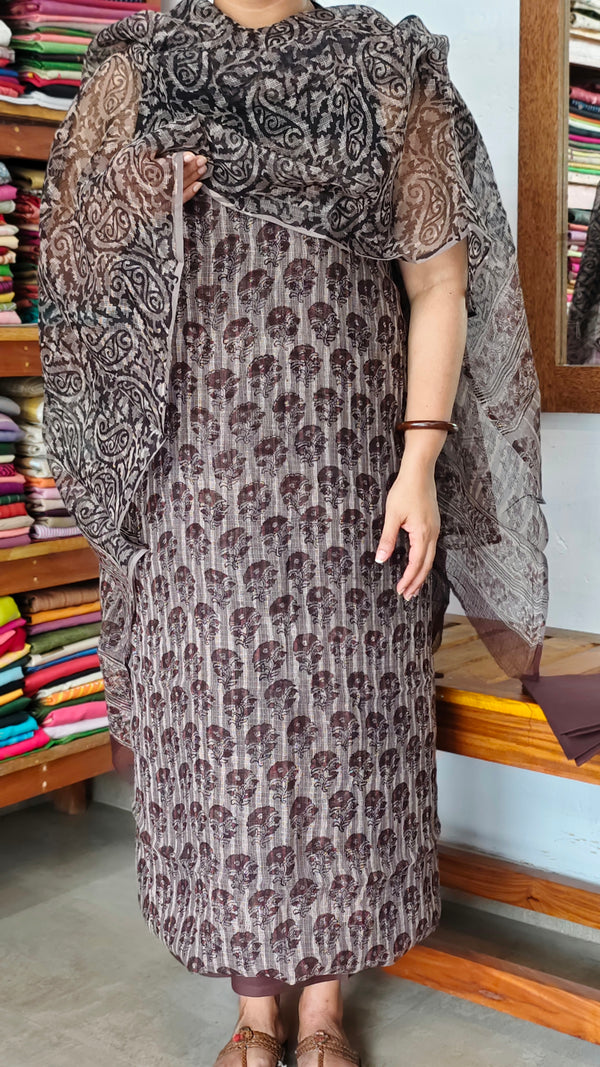 Dark Brown and Taupe Bagru and Dabu Printed Kota Doria Suit - GD331A