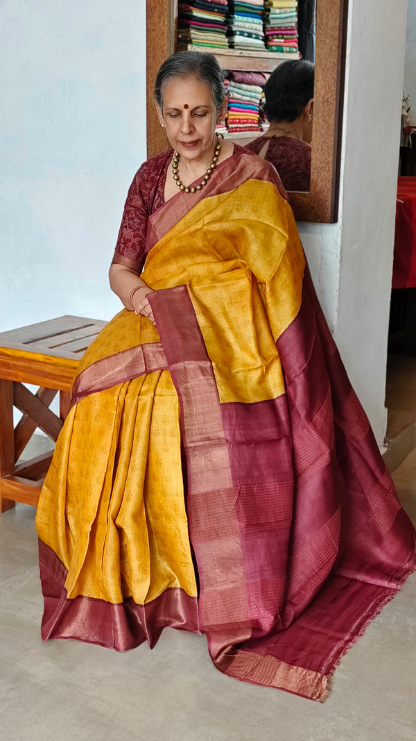 Mustard and Dark Pink Desi Tussar Silk Saree - GTS35