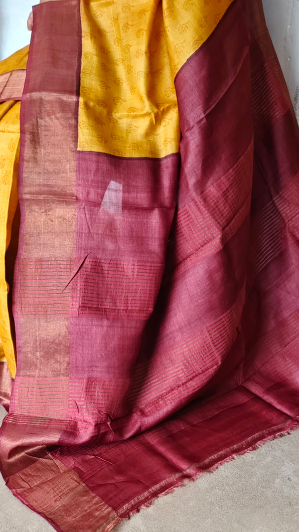 Mustard and Dark Pink Desi Tussar Silk Saree - GTS35