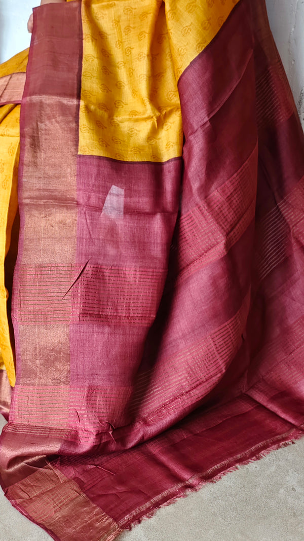 Mustard and Dark Pink Desi Tussar Silk Saree - GTS35