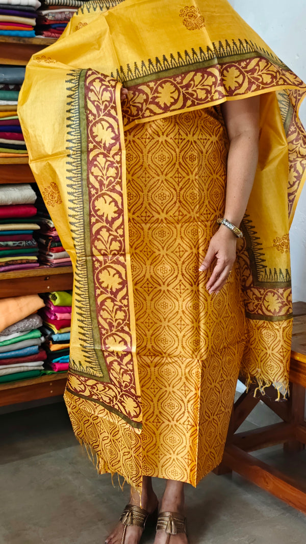 Mustard Yellow Block Printed Tussar Silk Suit - PTS25