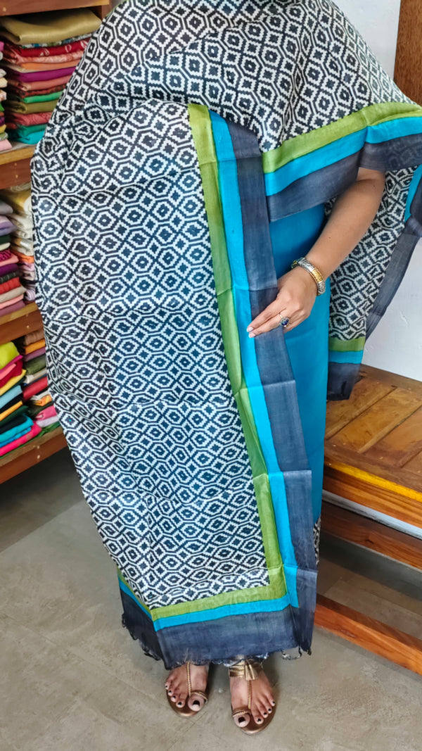 Ocean Blue Printed Tussar Silk Suit - PTS25