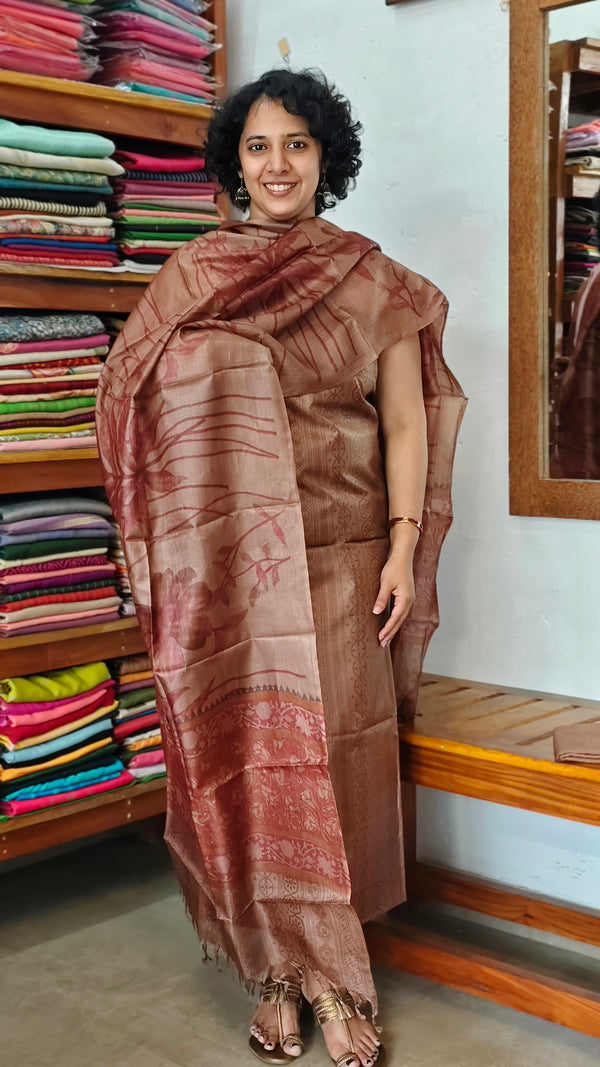 Copper Brown Printed Tussar Silk Suit - PTS25