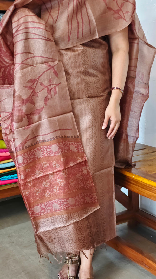 Copper Brown Printed Tussar Silk Suit - PTS25