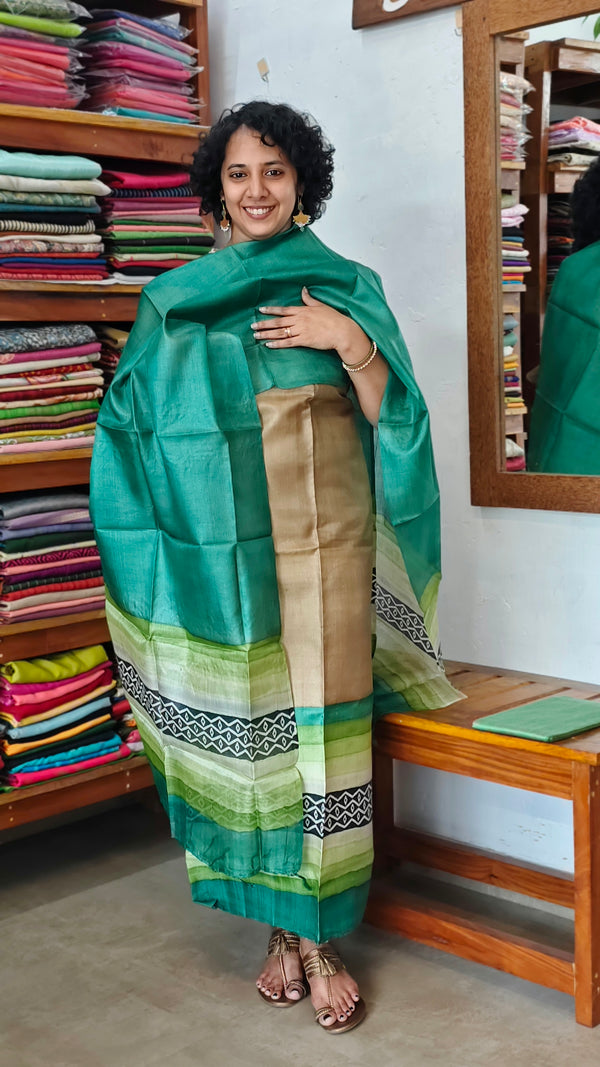 Beige and Green Printed Tussar Silk Suit - PTS25