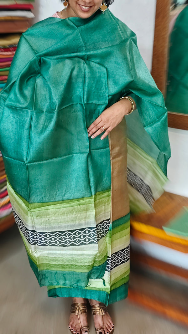 Beige and Green Printed Tussar Silk Suit - PTS25