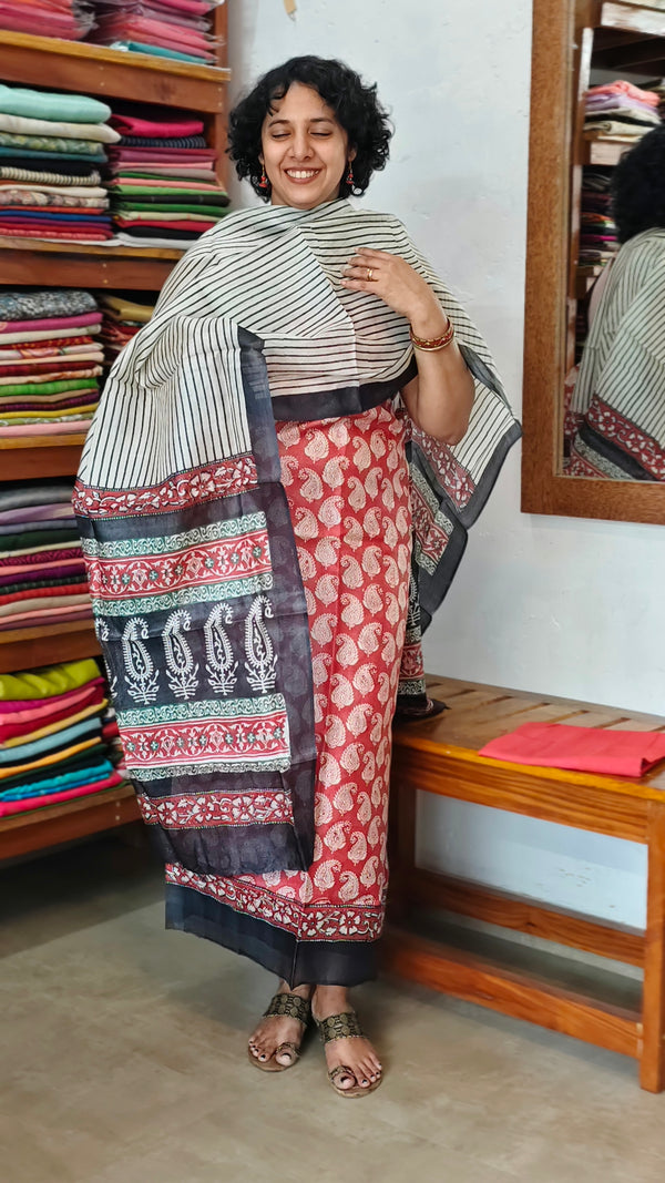 Brick Red and White Block Printed Tussar Silk Suit - PTS25