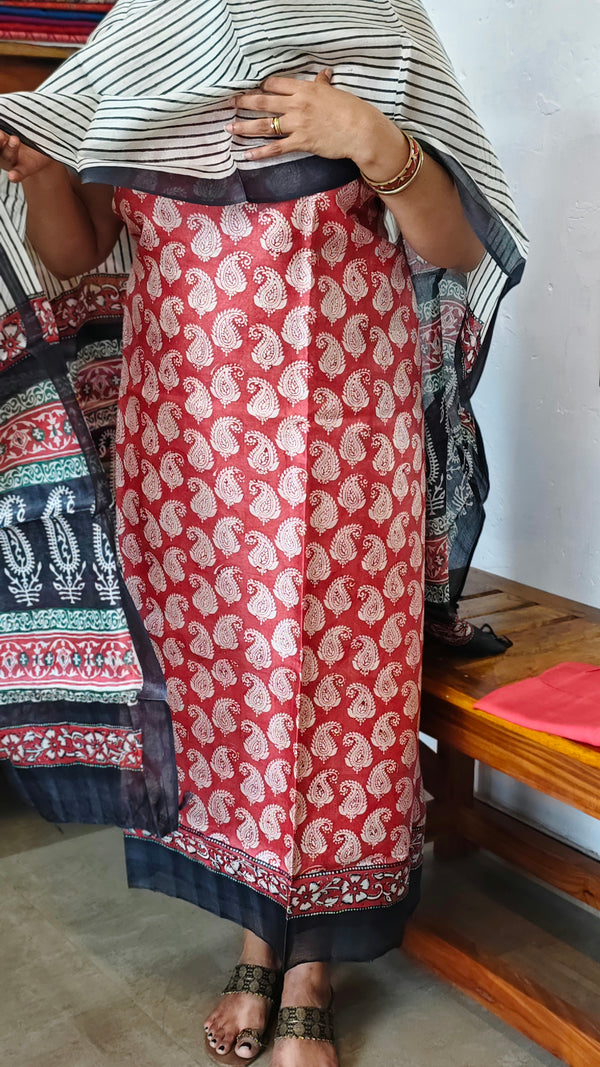 Brick Red and White Block Printed Tussar Silk Suit - PTS25