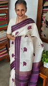 Cream and Purple Tussar Silk Saree - 43JP