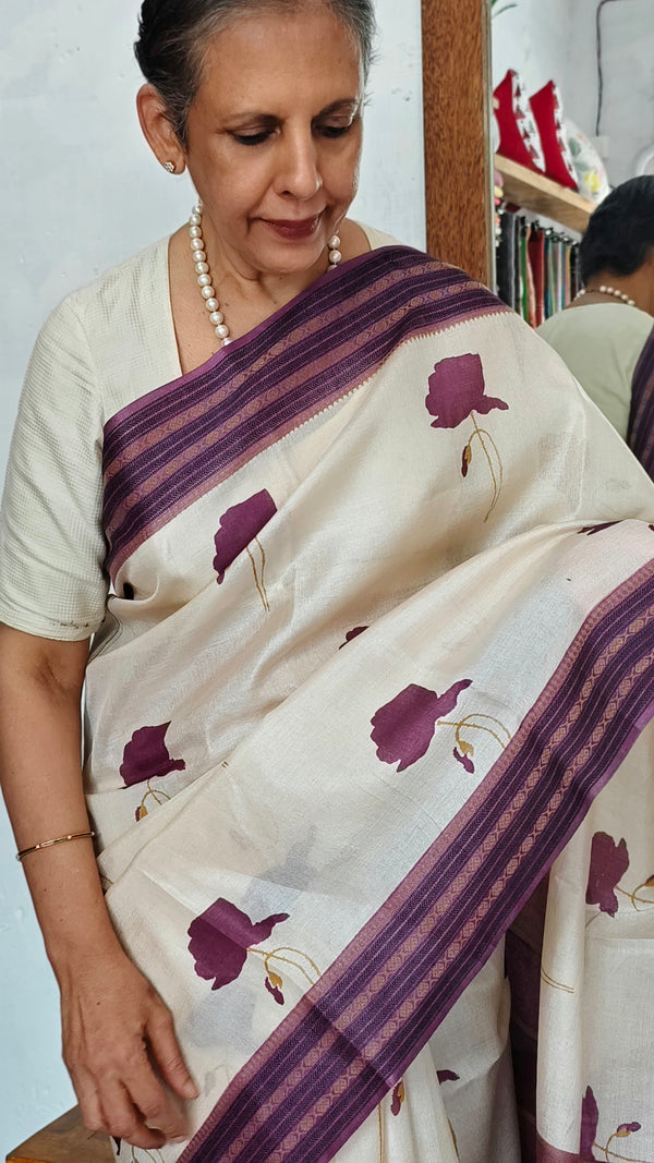 Cream and Purple Tussar Silk Saree - 43JP
