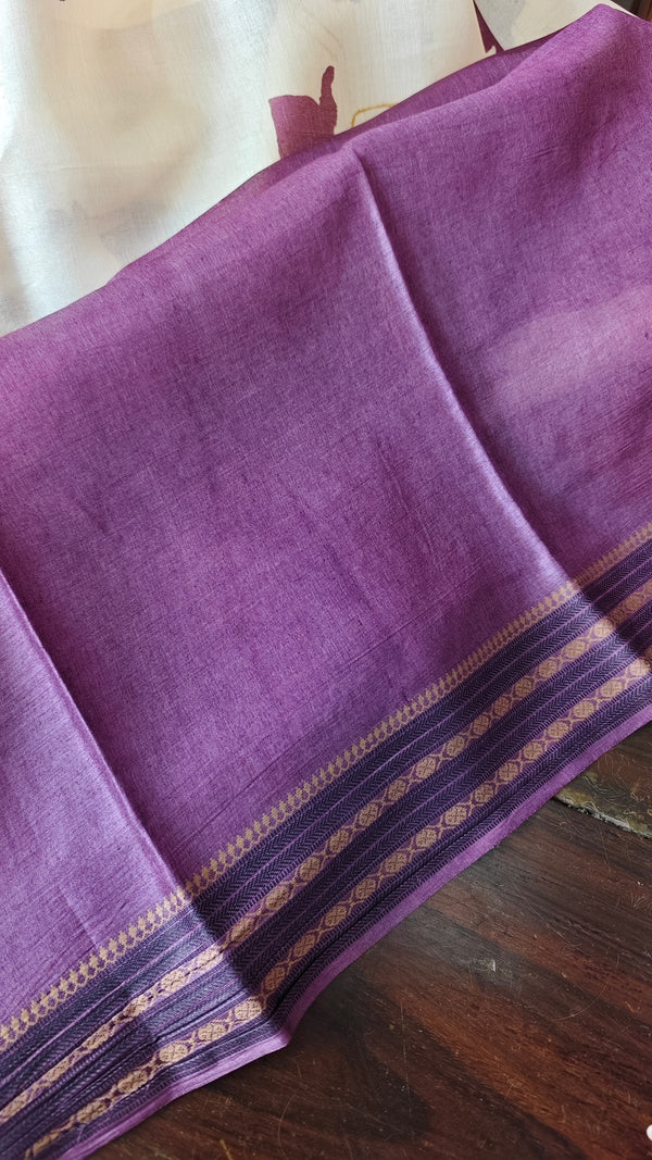 Cream and Purple Tussar Silk Saree - 43JP