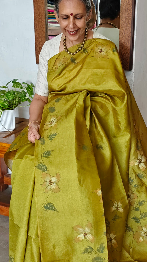 Olive Green Hand Painted Tussar Silk Saree - 43JP