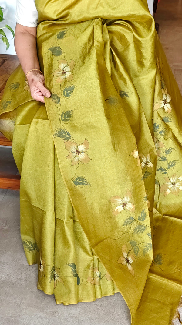 Olive Green Hand Painted Tussar Silk Saree - 43JP