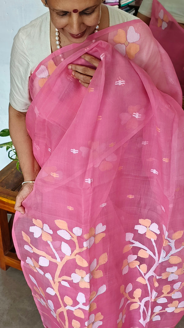 Pink Pure Muslin Jamdani Saree - 43JP