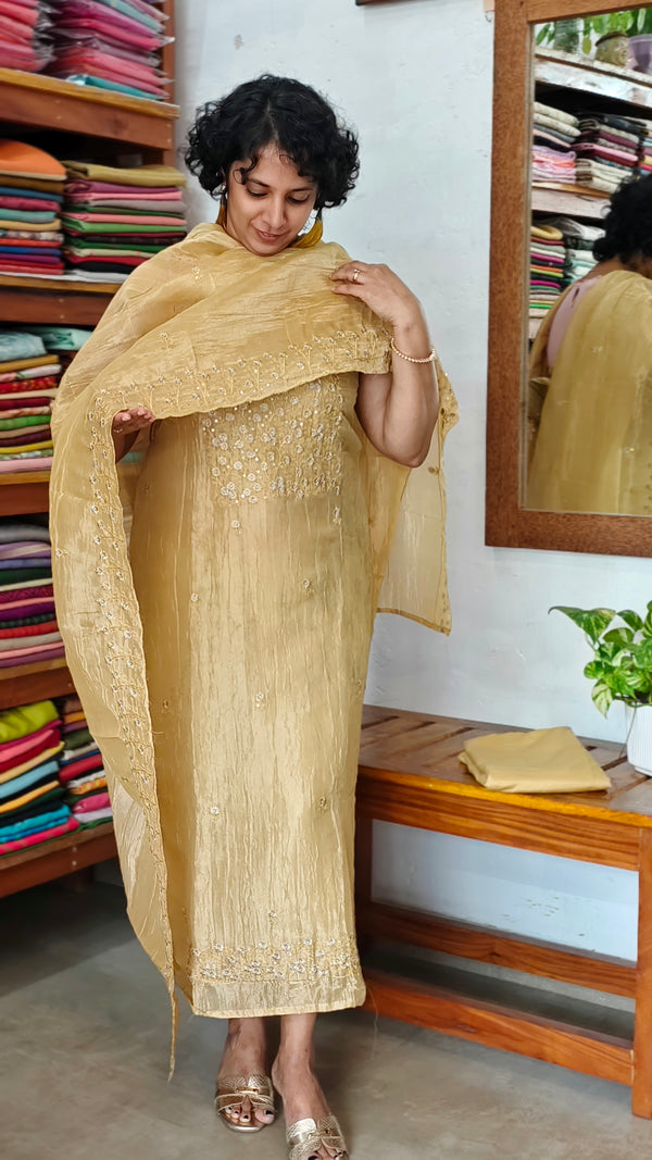Champagne Gold Embroidered Crushed Organza Suit - NJD3