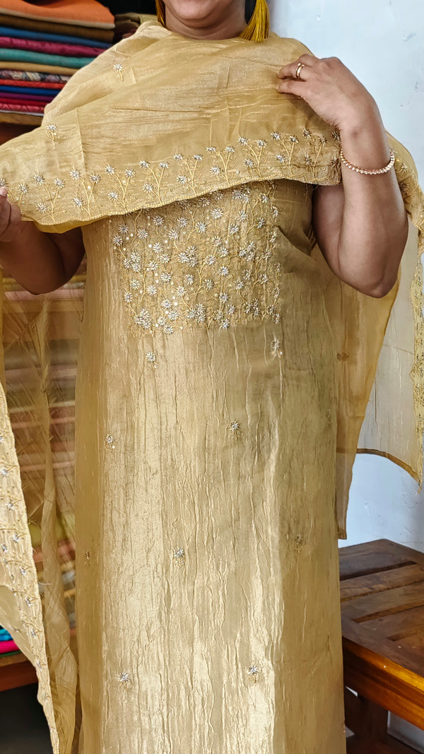 Champagne Gold Embroidered Crushed Organza Suit - NJD3