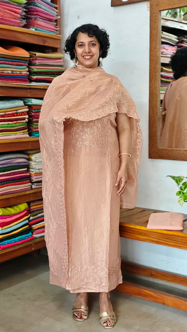 Pastel Peach Embroidered Crushed Organza Suit - NJD3