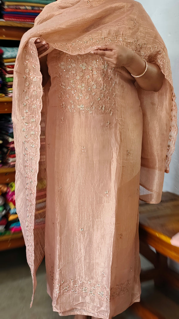 Pastel Peach Embroidered Crushed Organza Suit - NJD3