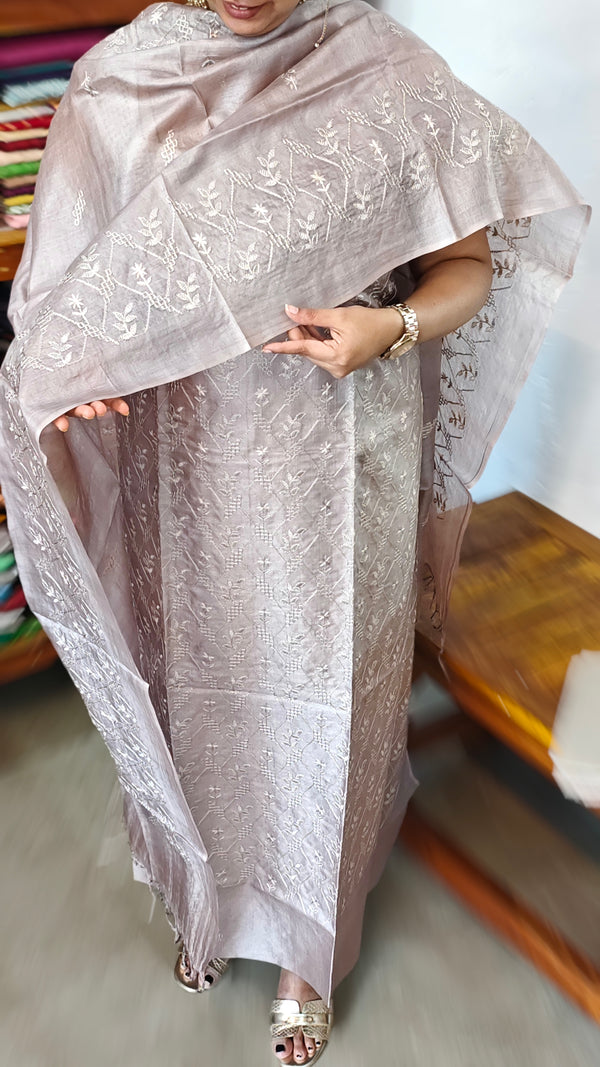 Greyish Beige Embroidered Tussar Silk Suit - VP25