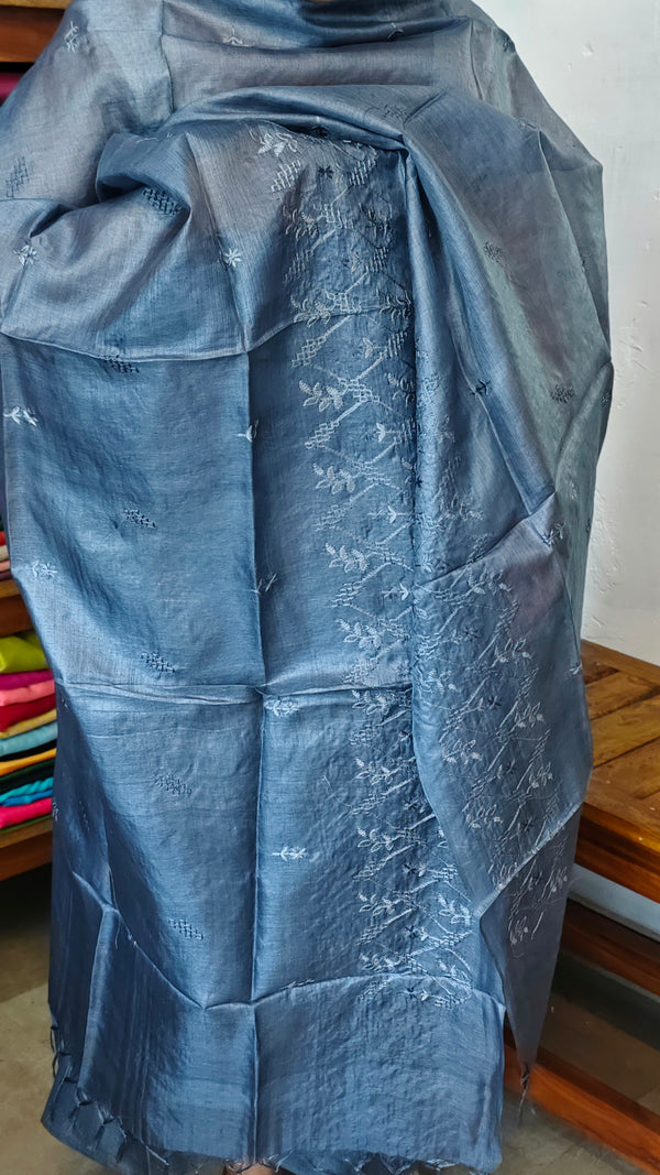 Bluish Grey Embroidered Tussar Silk Suit - VP25