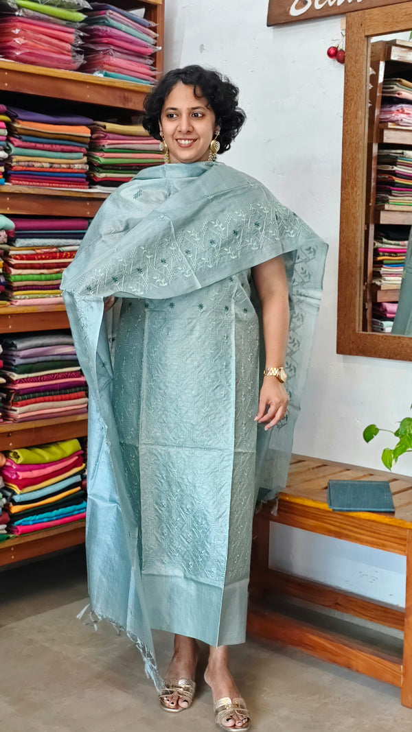 Aqua Green Embroidered Tussar Silk Suit - VP25