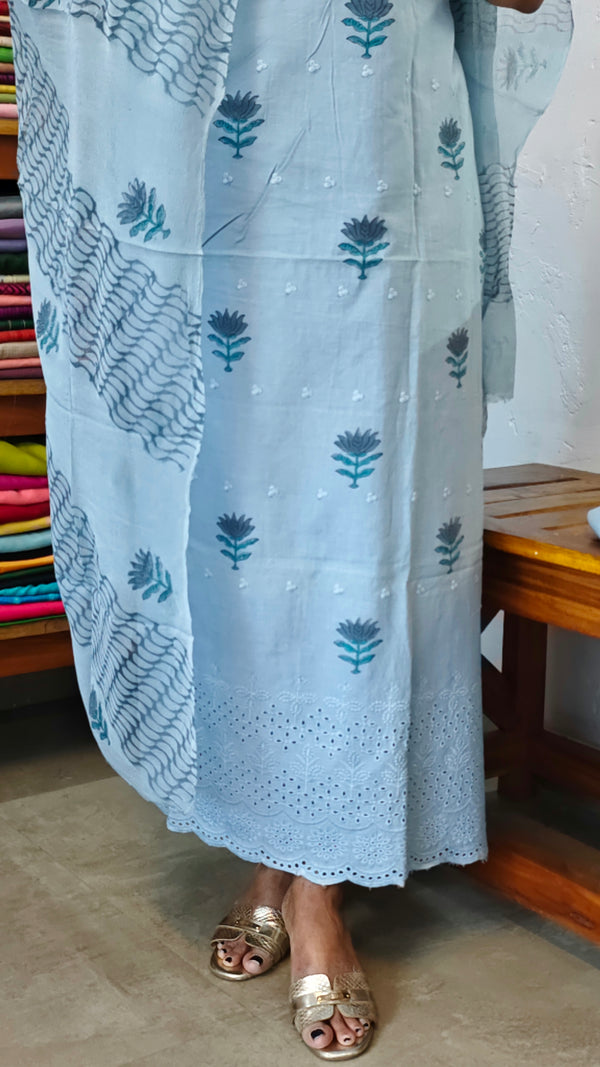 Blue Block Printed Cotton Suit - G34X