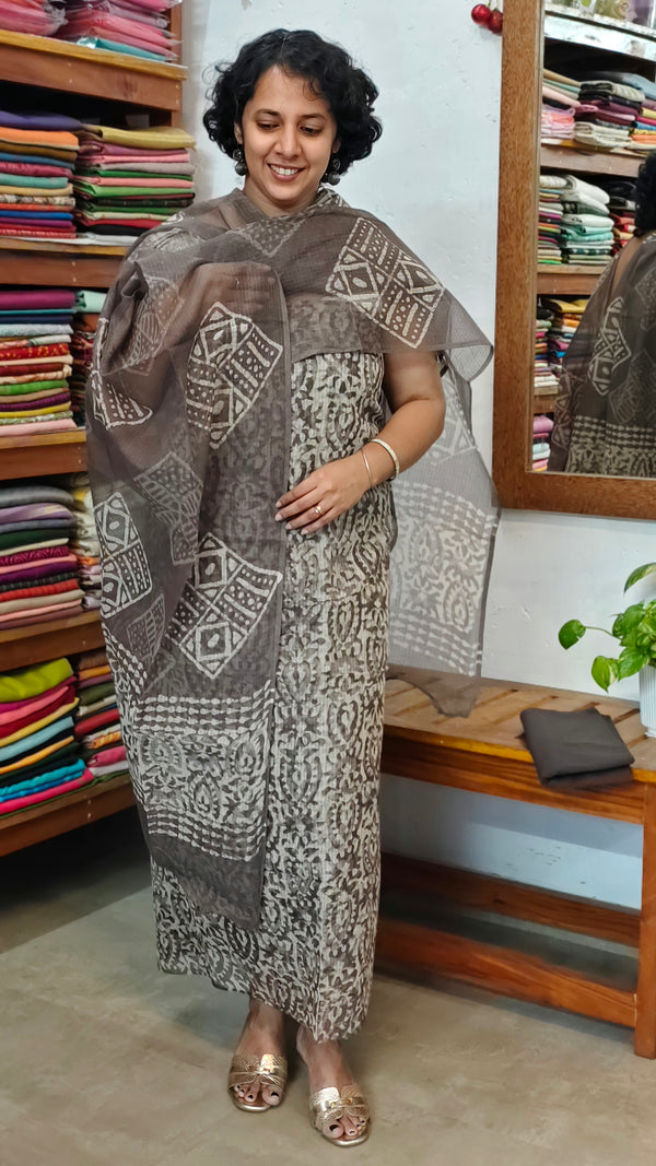 Taupe Shade Batik Printed Kota Doria Suit - GD331