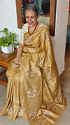 Golden Mustard Tussar Silk Saree with Cross Stitch Embroidery - MCT4