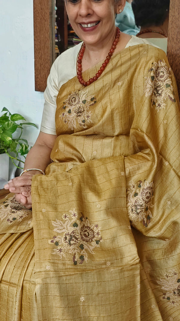 Golden Mustard Tussar Silk Saree with Cross Stitch Embroidery - MCT4
