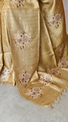 Golden Mustard Tussar Silk Saree with Cross Stitch Embroidery - MCT4