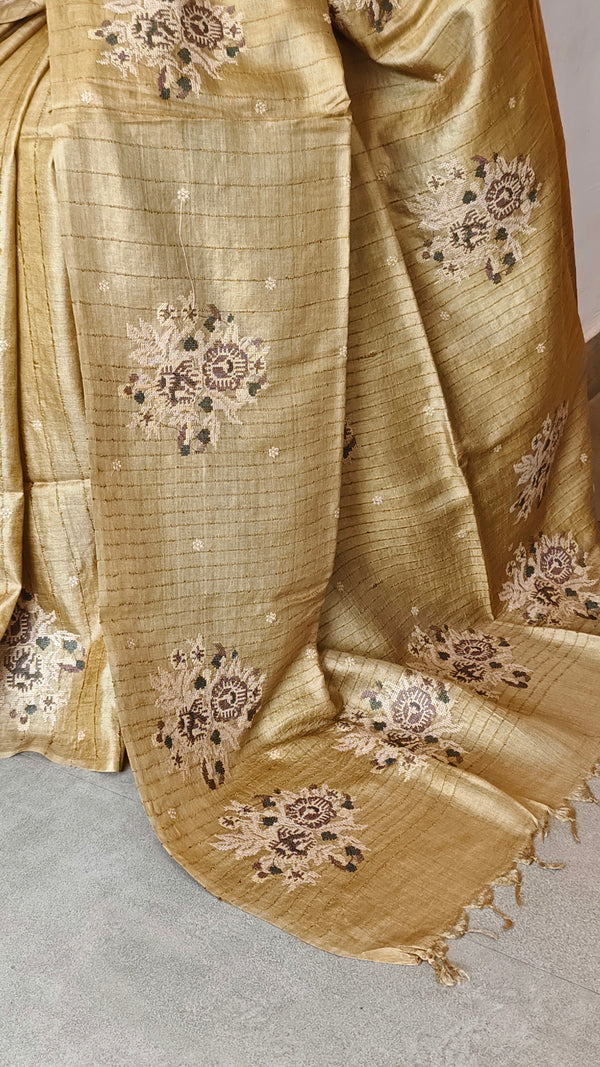 Golden Mustard Tussar Silk Saree with Cross Stitch Embroidery - MCT4