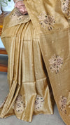 Golden Mustard Tussar Silk Saree with Cross Stitch Embroidery - MCT4