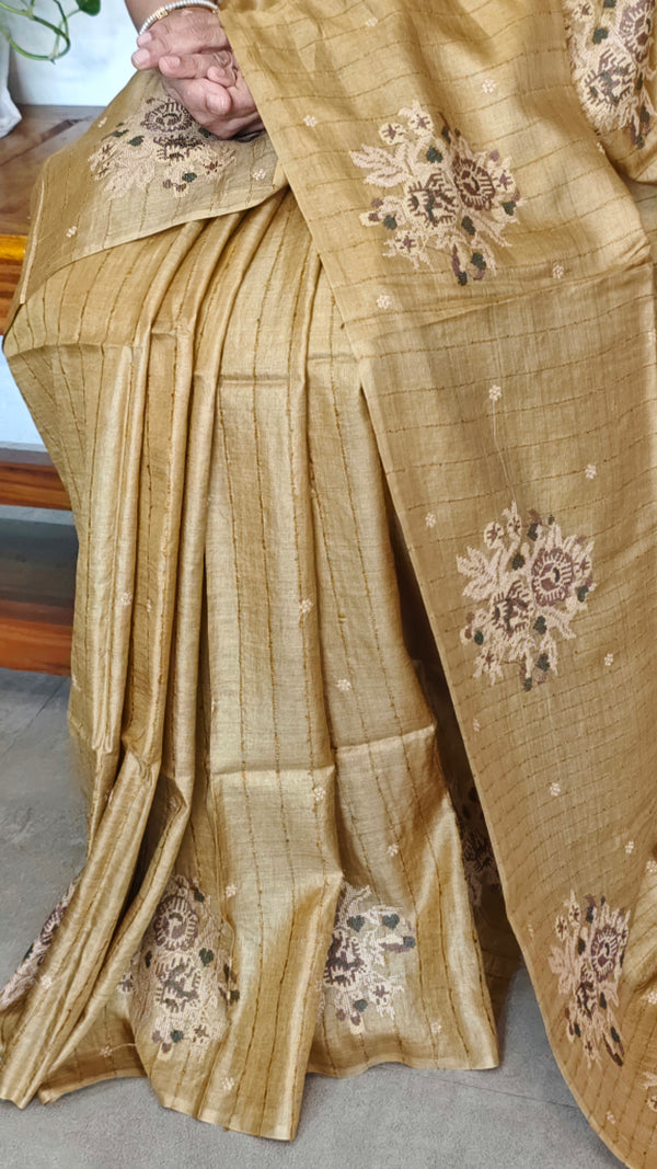 Golden Mustard Tussar Silk Saree with Cross Stitch Embroidery - MCT4