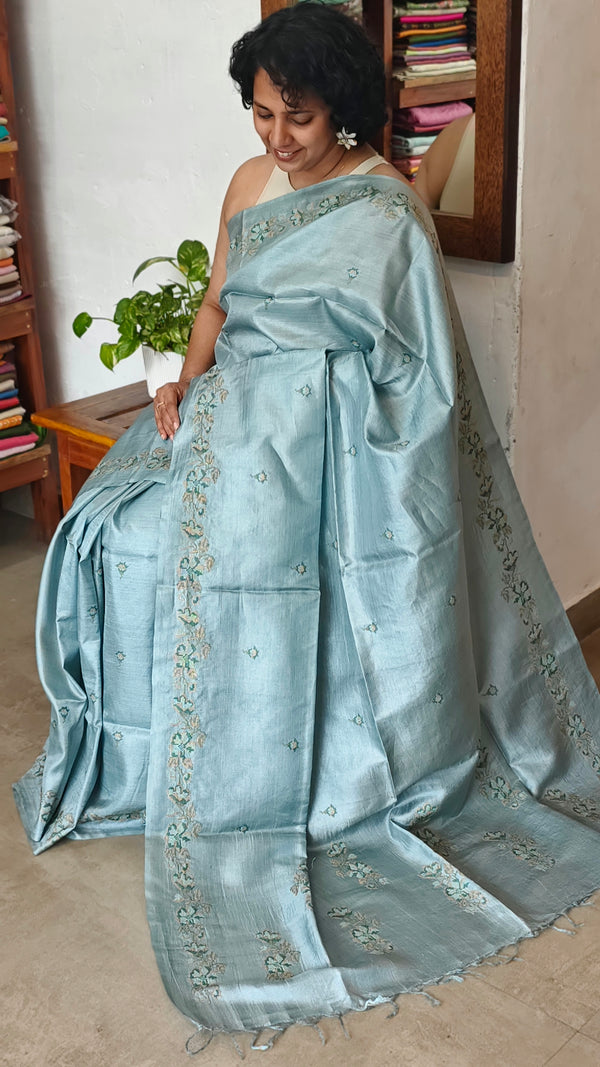 Powder Blue Tussar Silk Saree with Cross Stitch Embroidery - MCT4