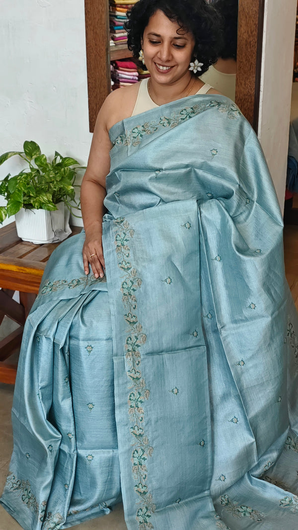 Powder Blue Tussar Silk Saree with Cross Stitch Embroidery - MCT4