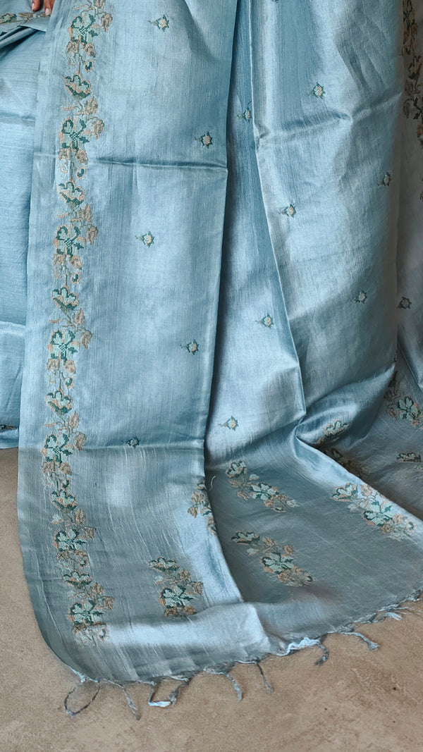 Powder Blue Tussar Silk Saree with Cross Stitch Embroidery - MCT4