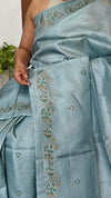 Powder Blue Tussar Silk Saree with Cross Stitch Embroidery - MCT4