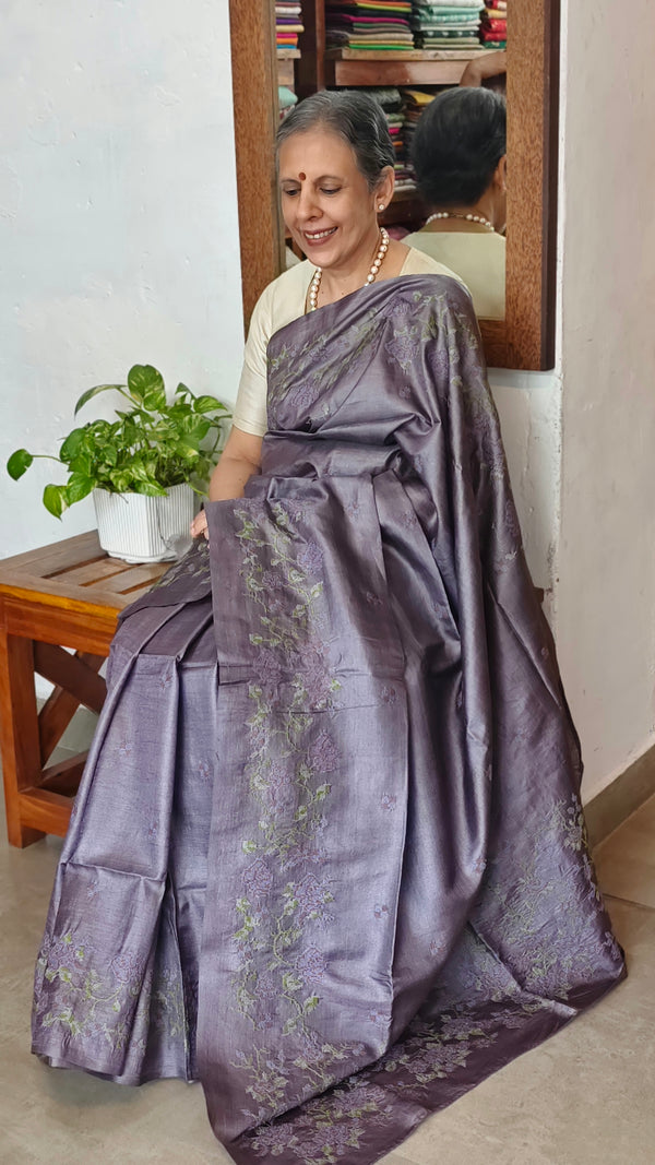 Dusty Lavender Tussar Silk Saree with Cross Stitch Embroidery - MCT4
