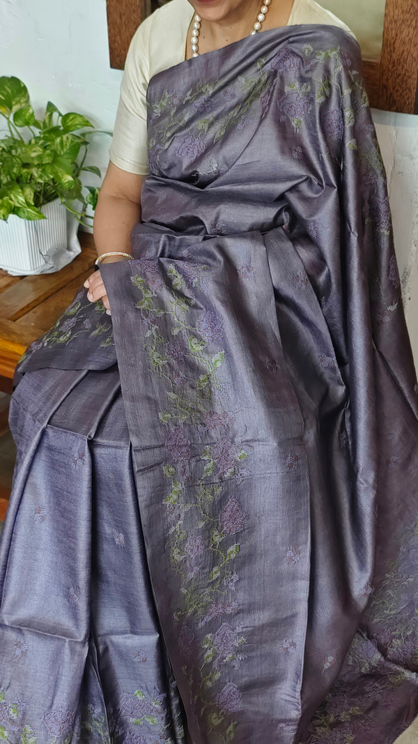 Dusty Lavender Tussar Silk Saree with Cross Stitch Embroidery - MCT4