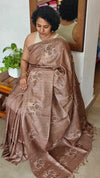 Chocolate Brown Tussar Silk Saree with Cross Stitch Embroidery - MCT4