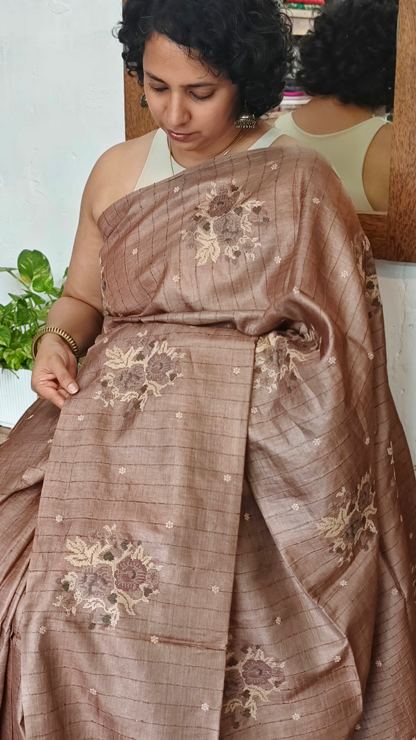 Chocolate Brown Tussar Silk Saree with Cross Stitch Embroidery - MCT4