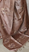 Chocolate Brown Tussar Silk Saree with Cross Stitch Embroidery - MCT4