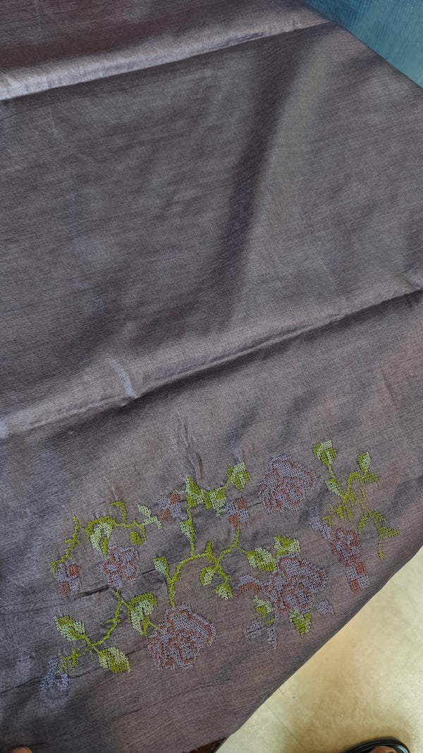 Dusty Lavender Tussar Silk Saree with Cross Stitch Embroidery - MCT4