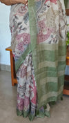 Light Beige and Moss Green Kalamkari Printed Tissue Linen Saree - 342A
