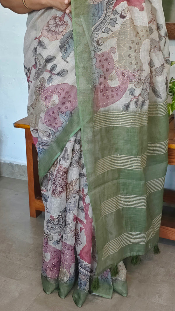 Light Beige and Moss Green Kalamkari Printed Tissue Linen Saree - 342A